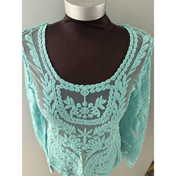 Blue Sheer Embroidered Lace Top Womens Medium Floral Boho Festival Layer Beach - Picture 3 of 13